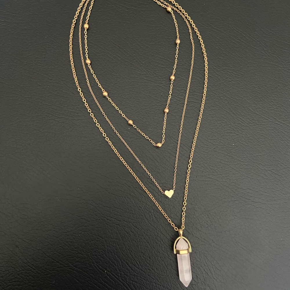 Gold Layered Necklace with Rose Quartz Pendant